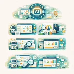 Square vector illustration showing AI-driven semantic SEO system with entity mapping, content clustering, structured data, analytics dashboards, and interconnected website architecture.