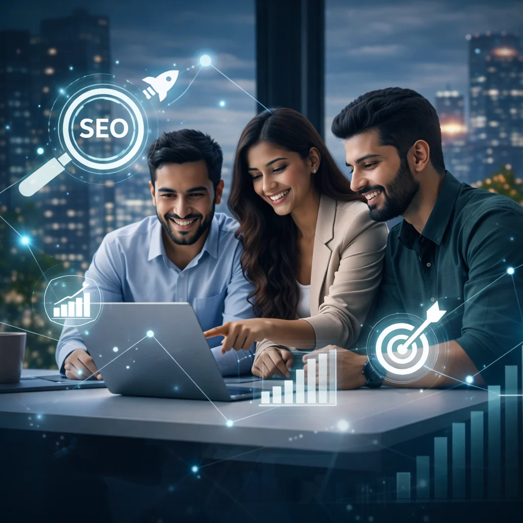 Professional SEO team collaborating on a laptop in a modern office with abstract growth charts and data overlays conveying trust