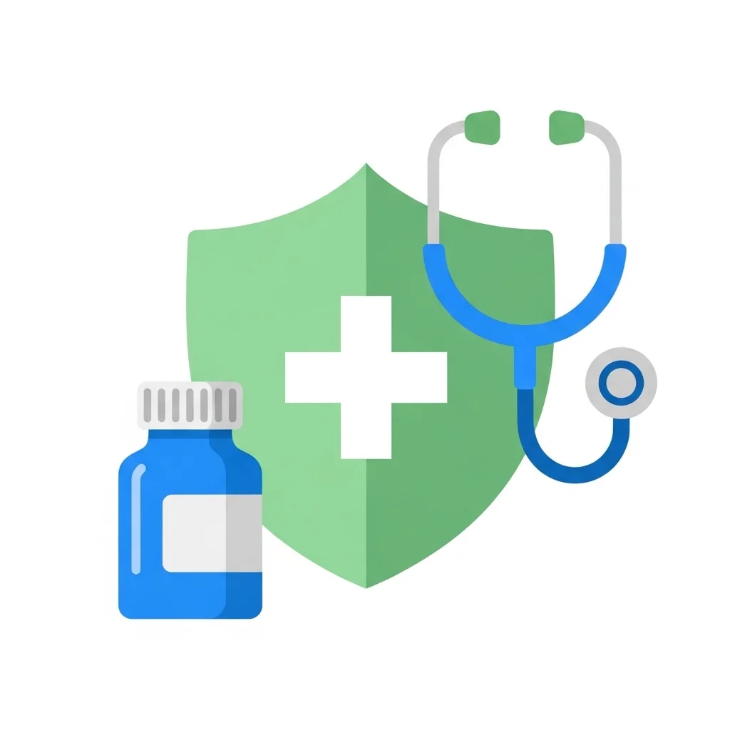 Healthcare icon representing medical services and patient care with a shield symbol