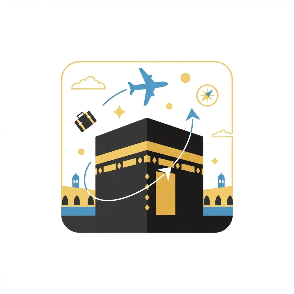 Umrah travel agency icon representing pilgrimage and travel services with religious landmarks
