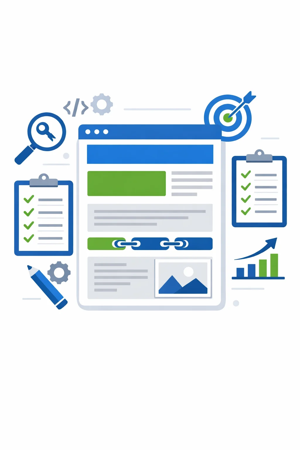 On-page SEO optimization illustration showing website content structure and performance analysis