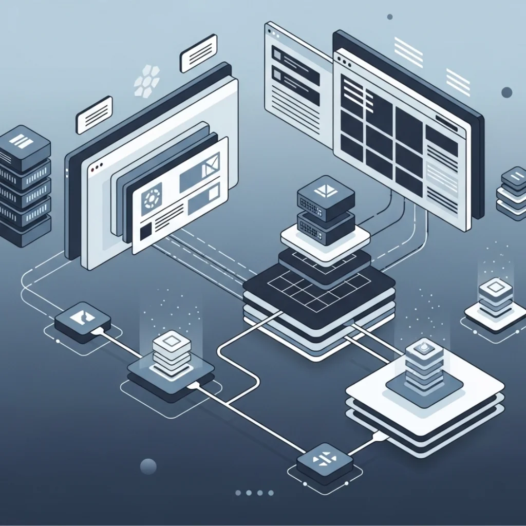 Technical SEO illustration showing website architecture, server infrastructure, and data flow optimized for crawlability and performance