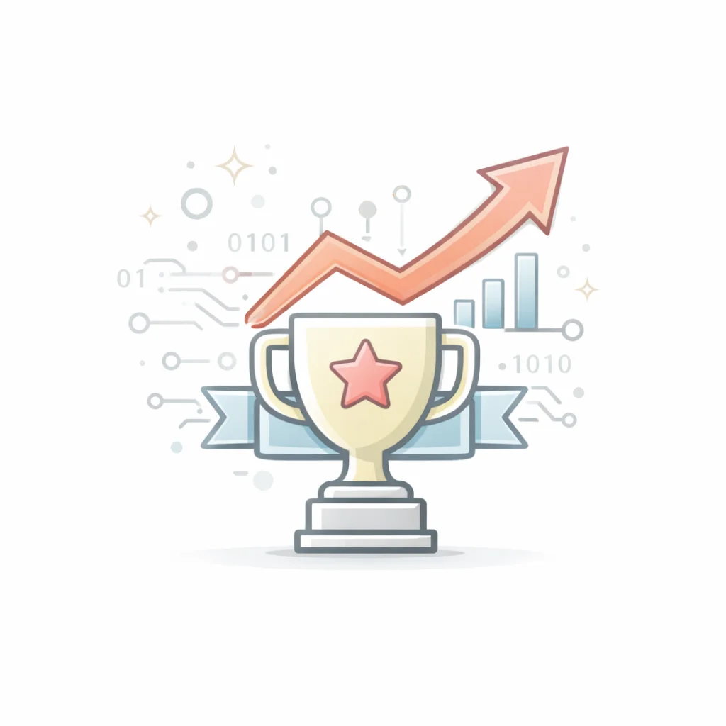Vector icon of a trophy with an upward graph arrow, representing the advantages of professional SEO consulting.