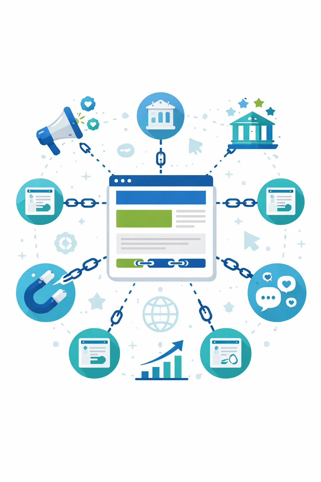 Off-page SEO illustration representing backlinks, website authority, and external growth signals
