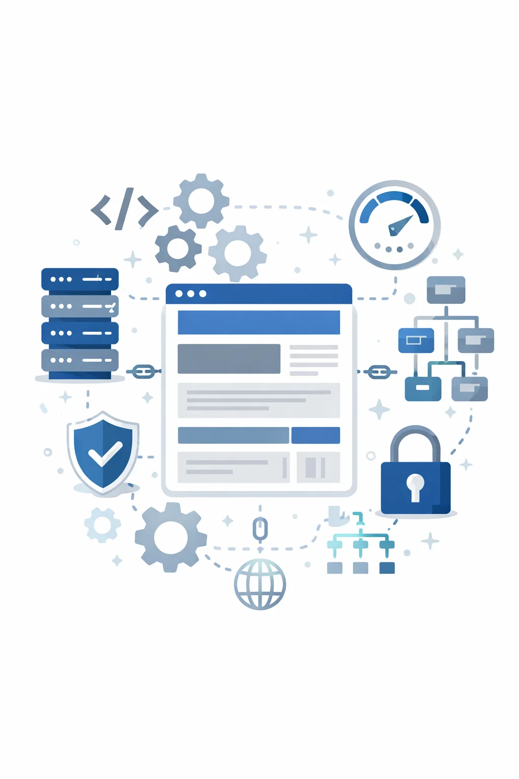 Technical SEO illustration showing website infrastructure, performance optimization, and security elements