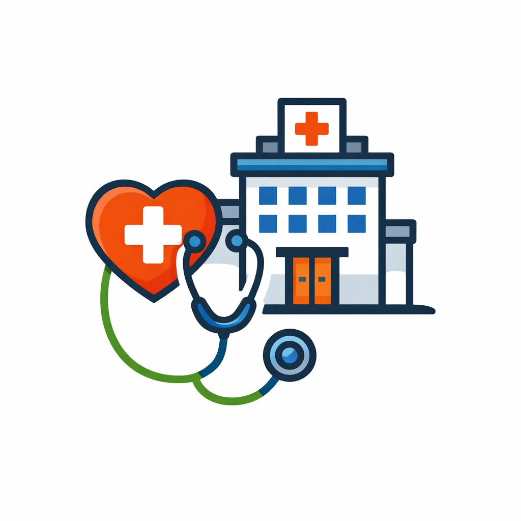 Vector healthcare icon with hospital building, heart symbol and stethoscope for medical clinics