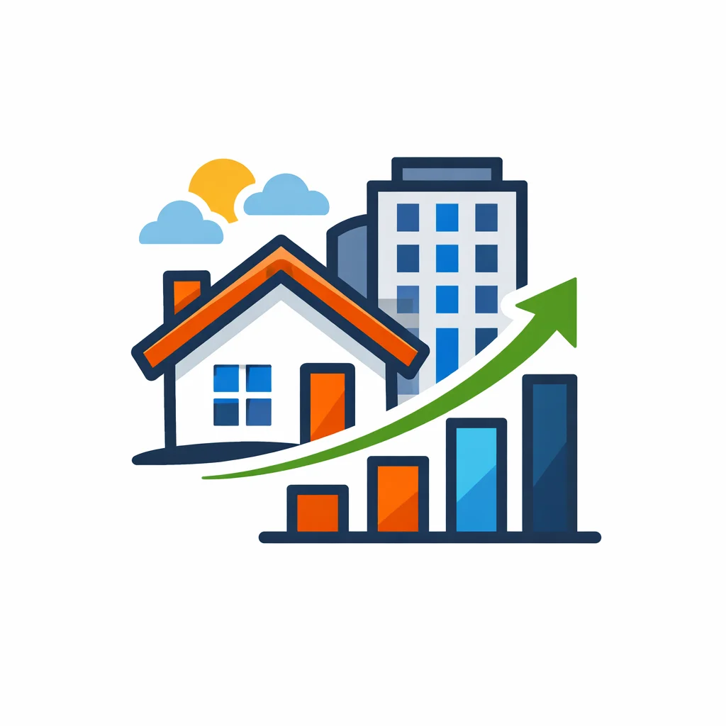 Vector icon of real estate and property industry with house, buildings and growth chart