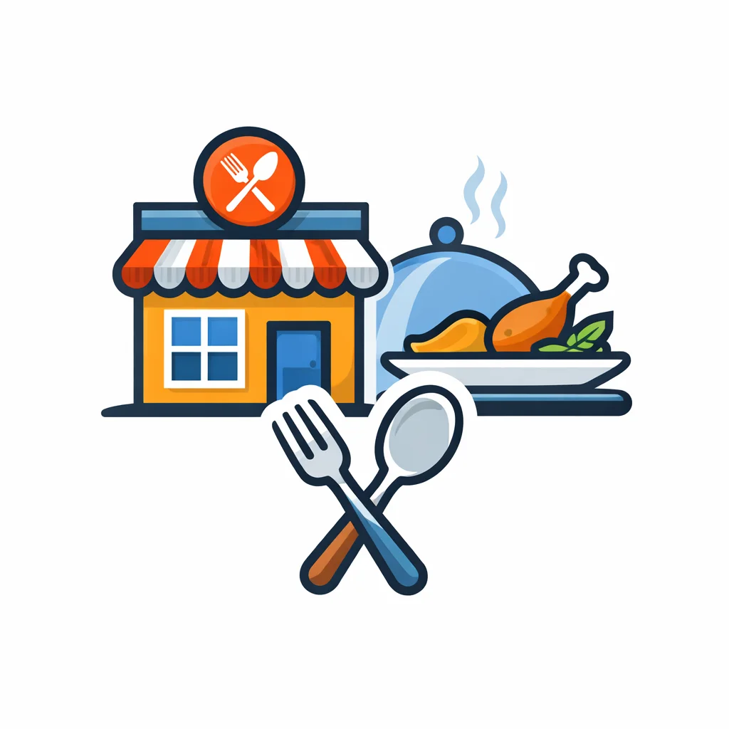 Vector restaurant and food business icon with storefront, serving plate and utensils
