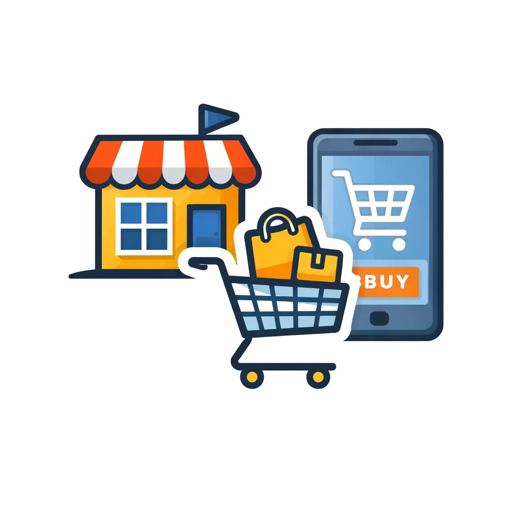 Vector retail and e-commerce icon with store, shopping cart and mobile shopping app