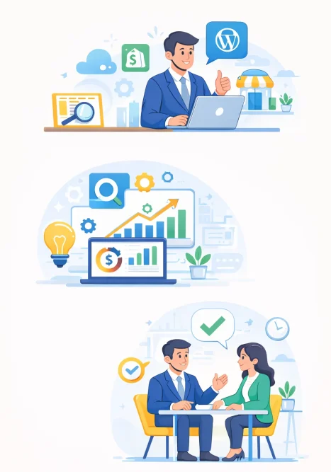 Vector icon of consultants with a digital strategy board showing charts and gears, symbolizing expert SEO guidance.