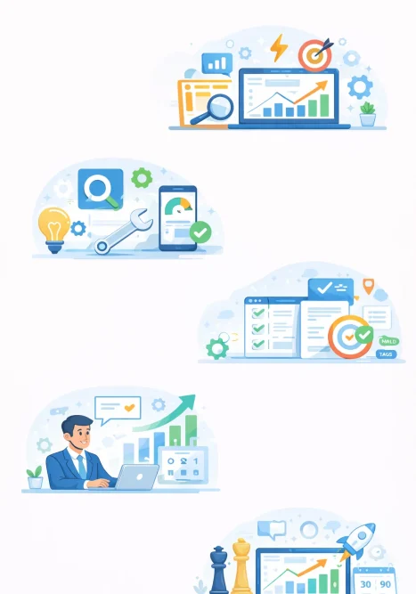 Vector icon of a hand offering a laptop with a checkmark and magnifying glass, symbolizing honest and valuable SEO advice.